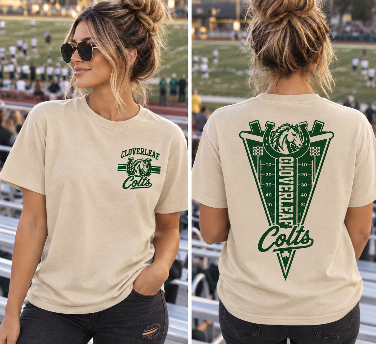Cloverleaf Colts football design on a Sand T-shirt, front and back