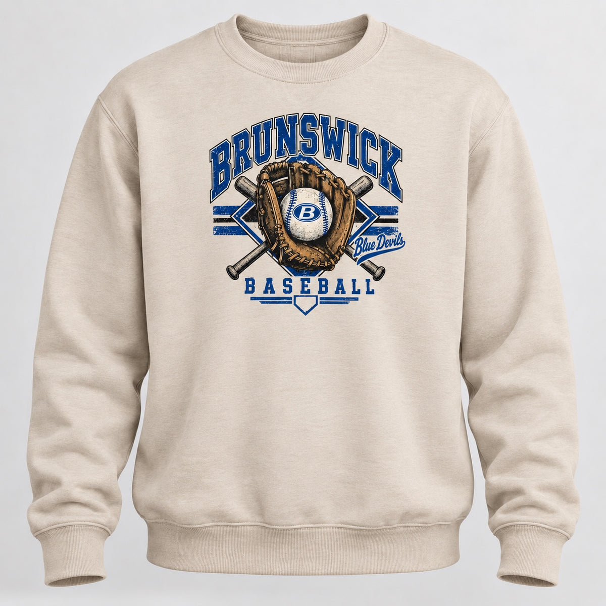 Brunswick Blue Devils baseball design on a sand crewneck sweatshirt