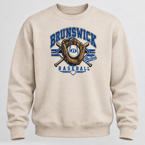 Brunswick Blue Devils baseball design on a sand crewneck sweatshirt