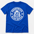 Brunswick Blue Devils circle logo in white on a blue T-shirt