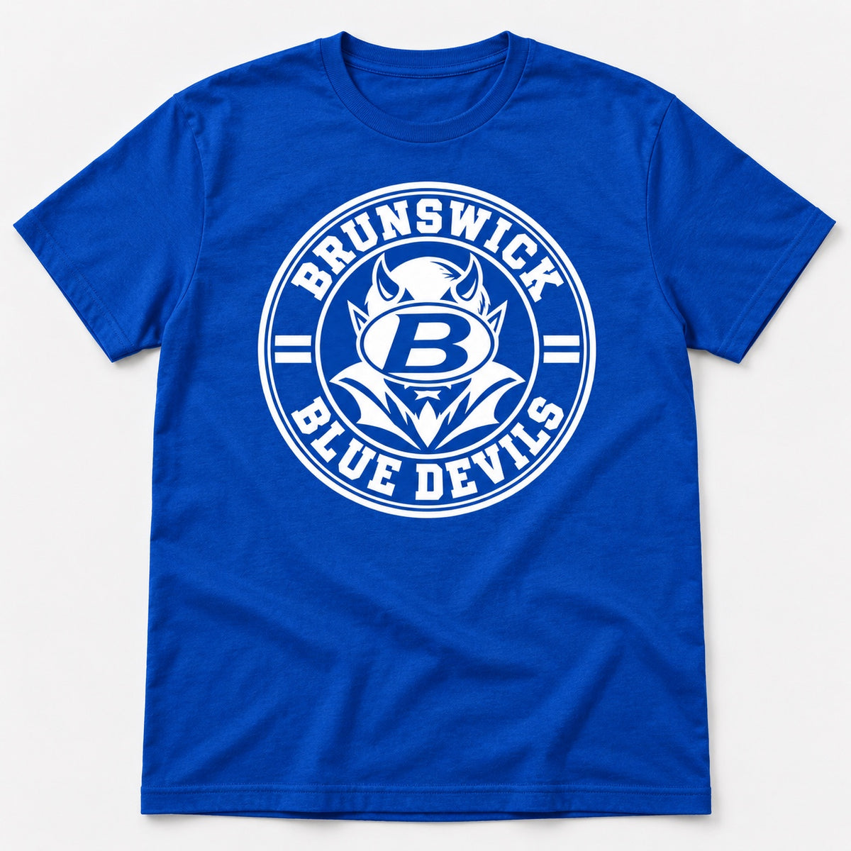 Brunswick Blue Devils circle logo in white on a blue T-shirt