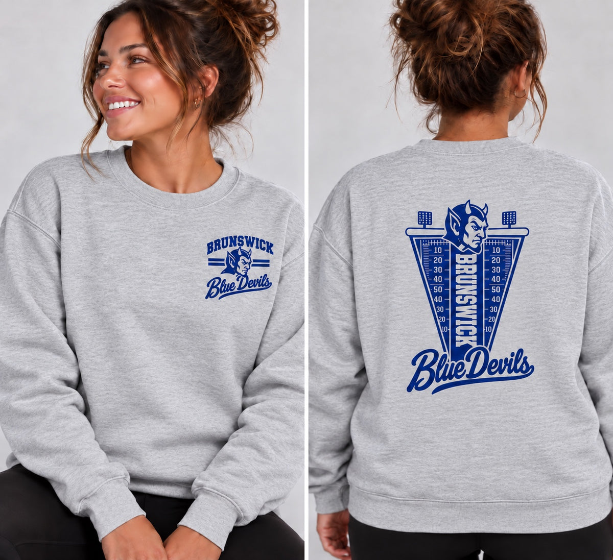 Brunswick Blue Devils football design on a light heather gray crewneck, front chest logo and back pennant