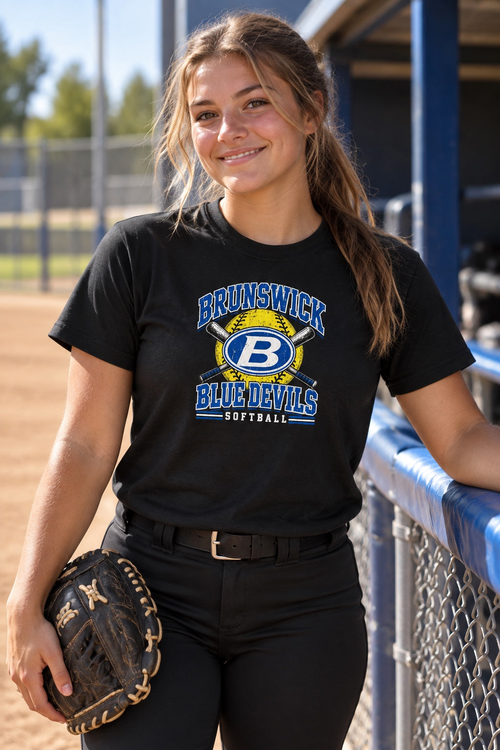 Brunswick Blue Devils softball design on a black T-shirt