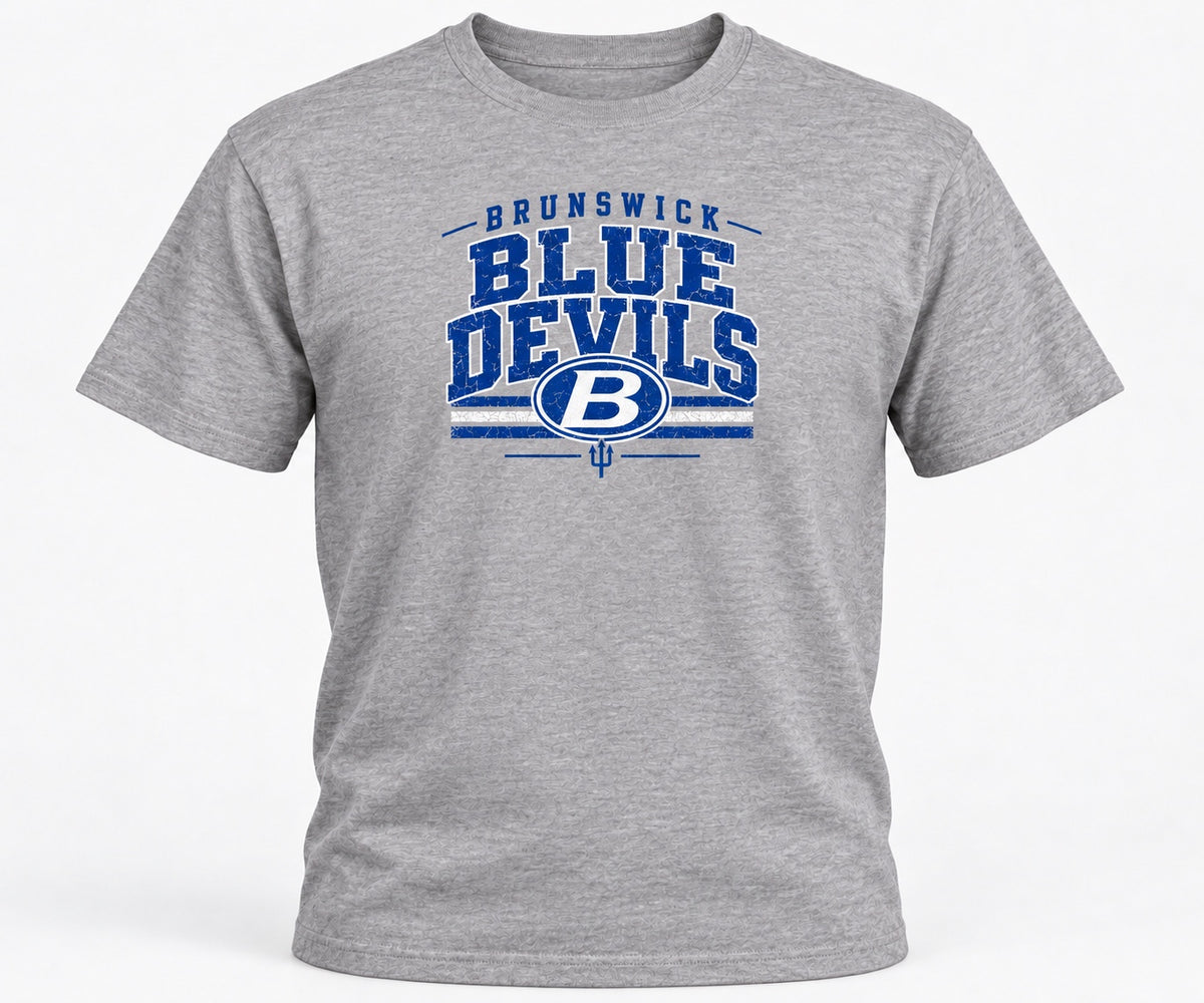 Brunswick Blue Devils varsity design on a light heather gray T-shirt