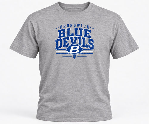 Brunswick Blue Devils varsity design on a light heather gray T-shirt