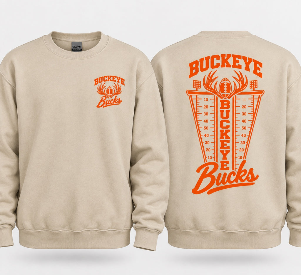 Buckeye Bucks Football Flag front and back design on a sand crewneck sweatshirt