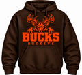 Buckeye Bucks Mascot design on a Brown pullover hoodie