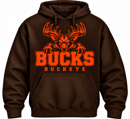 Buckeye Bucks Mascot design on a Brown pullover hoodie