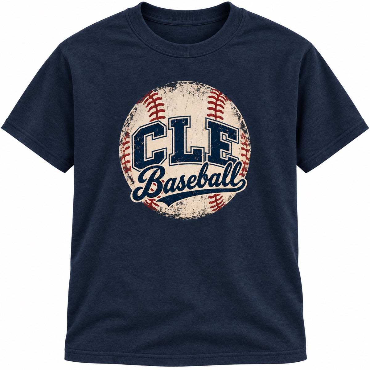 CLE Baseball vintage ball design on a navy T-shirt