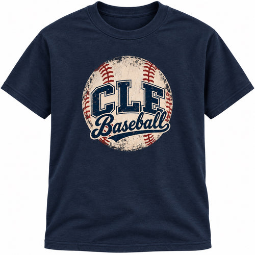 CLE Baseball vintage ball design on a navy T-shirt