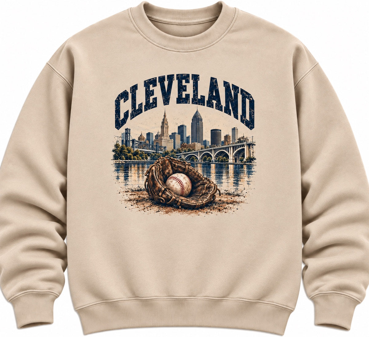 Cleveland baseball glove and skyline design on a sand crewneck