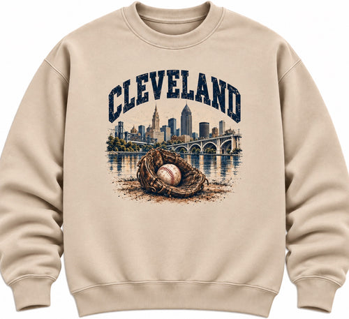 Cleveland baseball glove and skyline design on a sand crewneck