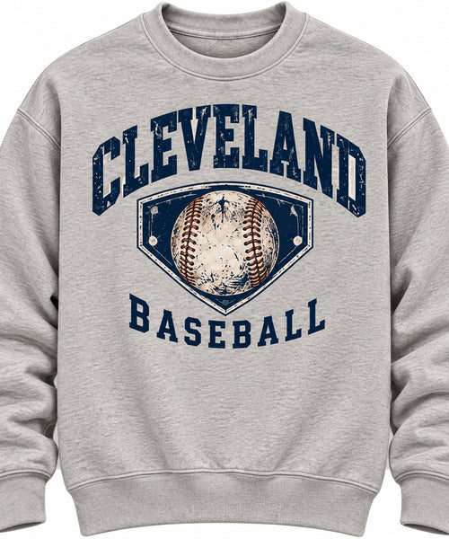 Cleveland Baseball home plate design on a light heather gray crewneck