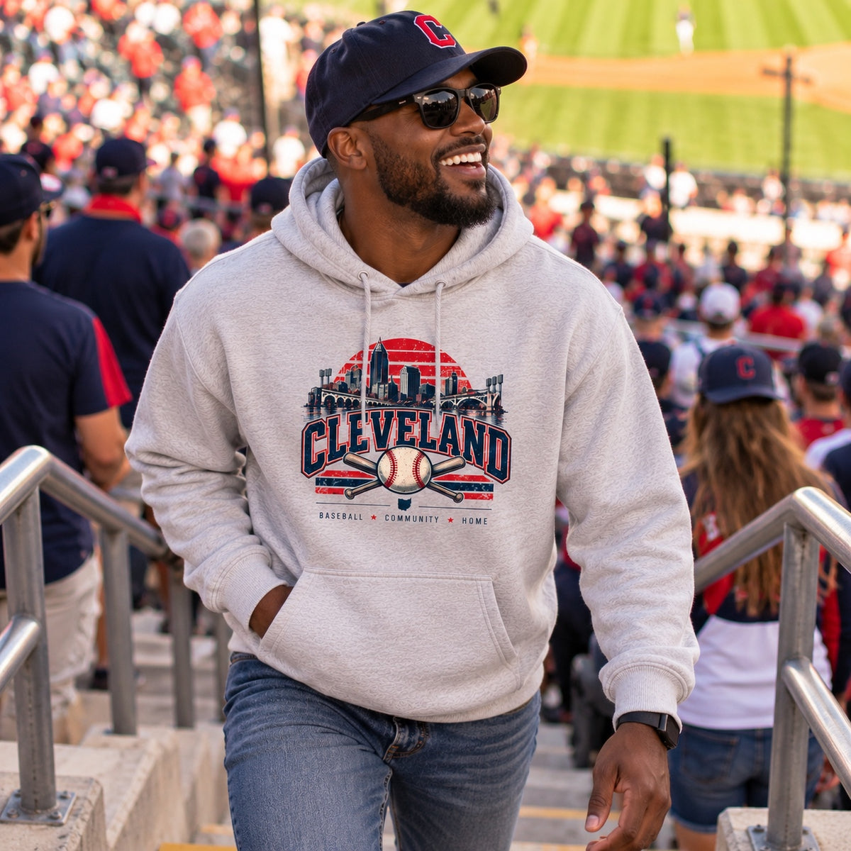 Cleveland skyline baseball design on a light heather gray hoodie