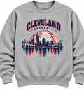 Cleveland Baseball skyline reflection design on a light heather gray crewneck