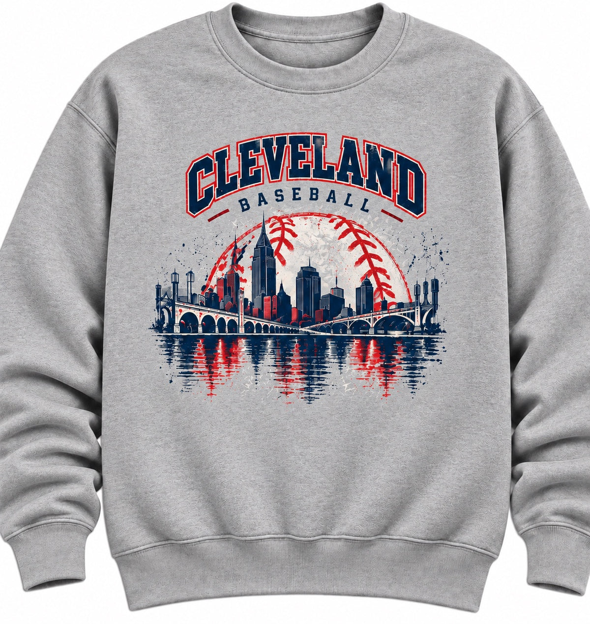 Cleveland Baseball skyline reflection design on a light heather gray crewneck