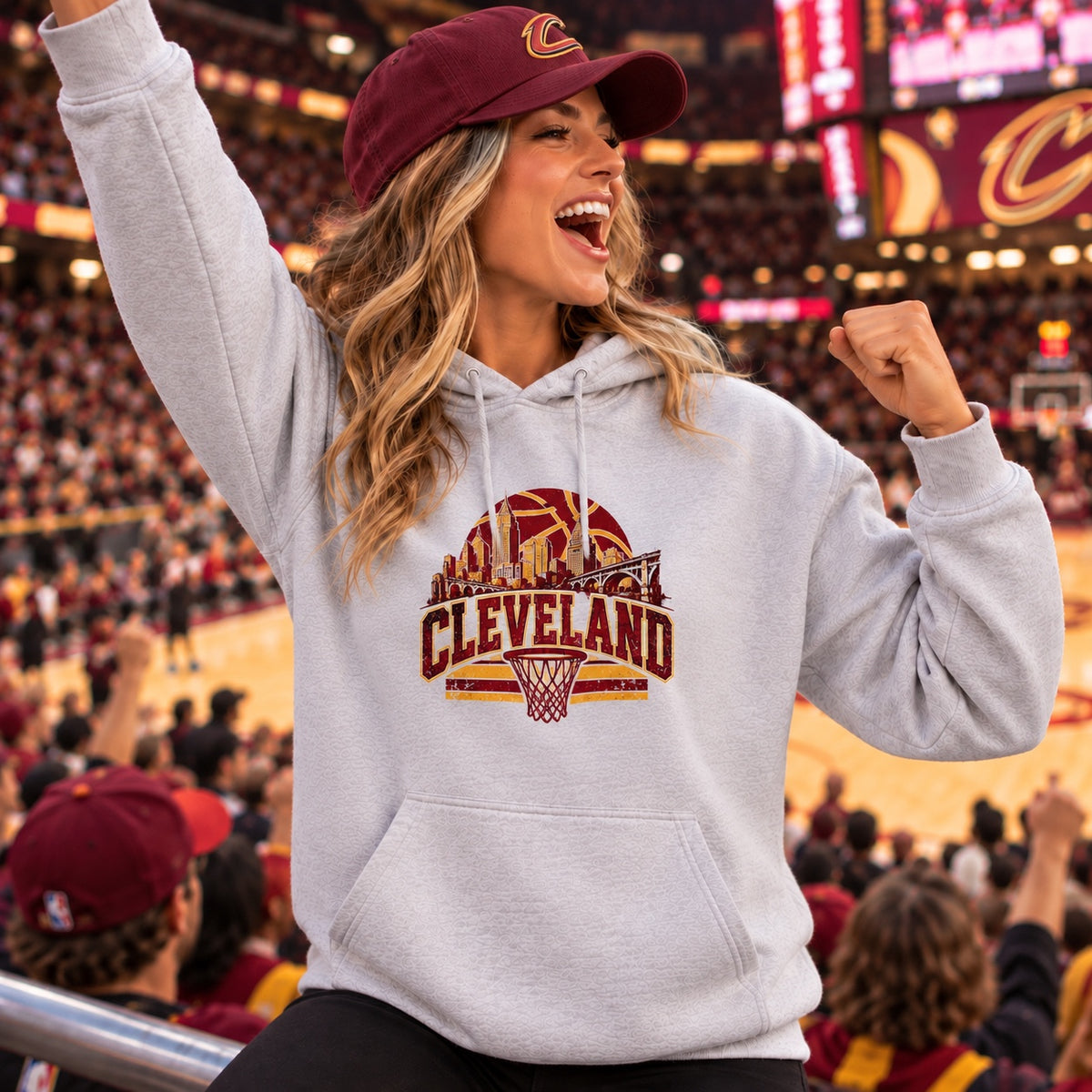 Cleveland skyline basketball design on a light heather gray hoodie