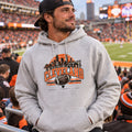 Cleveland skyline football design on a light heather gray hoodie