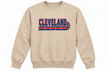 Retro Cleveland stripe design in navy and red on a sand crewneck sweatshirt