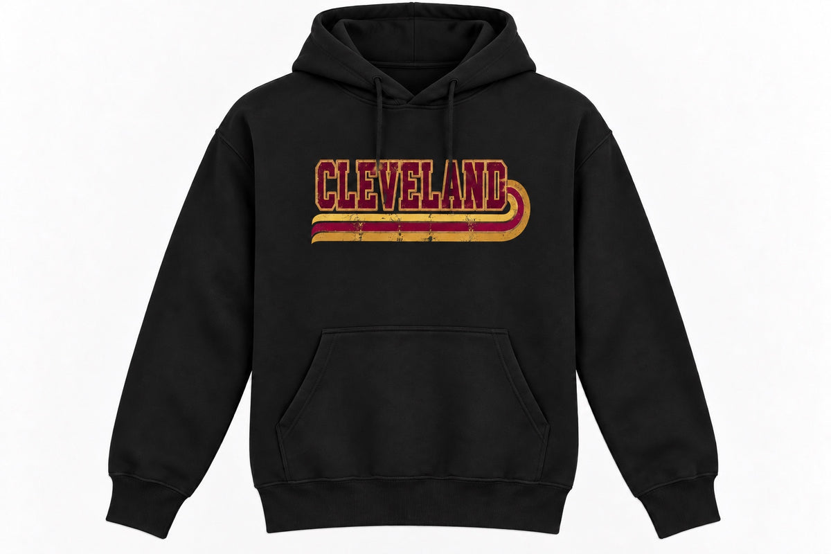 Retro Cleveland stripe design on a black hoodie