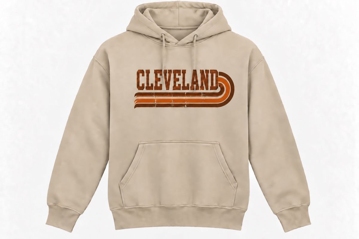 Retro Cleveland stripe design in orange and brown on a sand hoodie