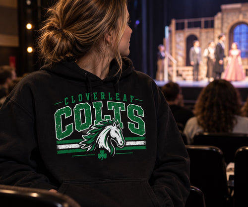 Cloverleaf Colts Distressed Mascot full-front design on a black hoodie