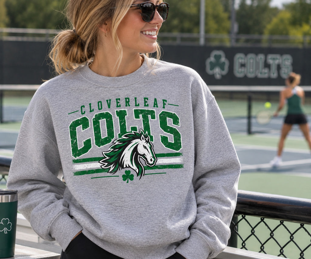 Cloverleaf Colts Distressed Mascot full-front design on a heather gray crewneck sweatshirt