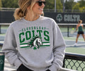 Cloverleaf Colts Distressed Mascot full-front design on a heather gray crewneck sweatshirt