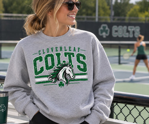 Cloverleaf Colts Distressed Mascot full-front design on a heather gray crewneck sweatshirt