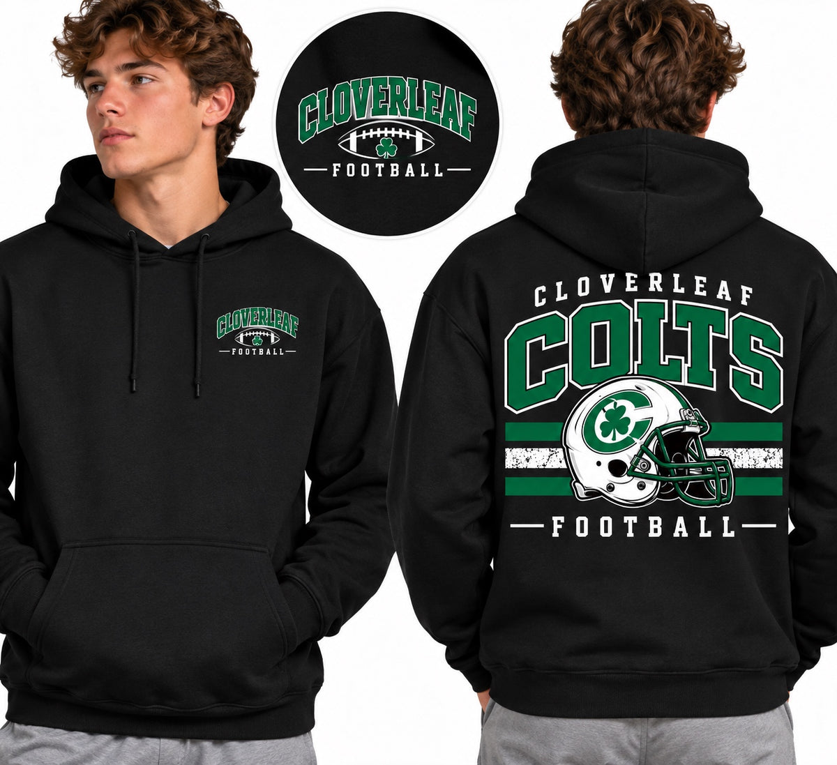 Cloverleaf Colts Football Helmet on a black hoodie, front and back views with chest logo detail