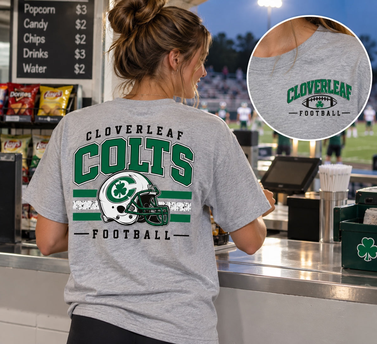 Cloverleaf Colts Football Helmet on a heather gray T-shirt, full back design with front chest logo inset