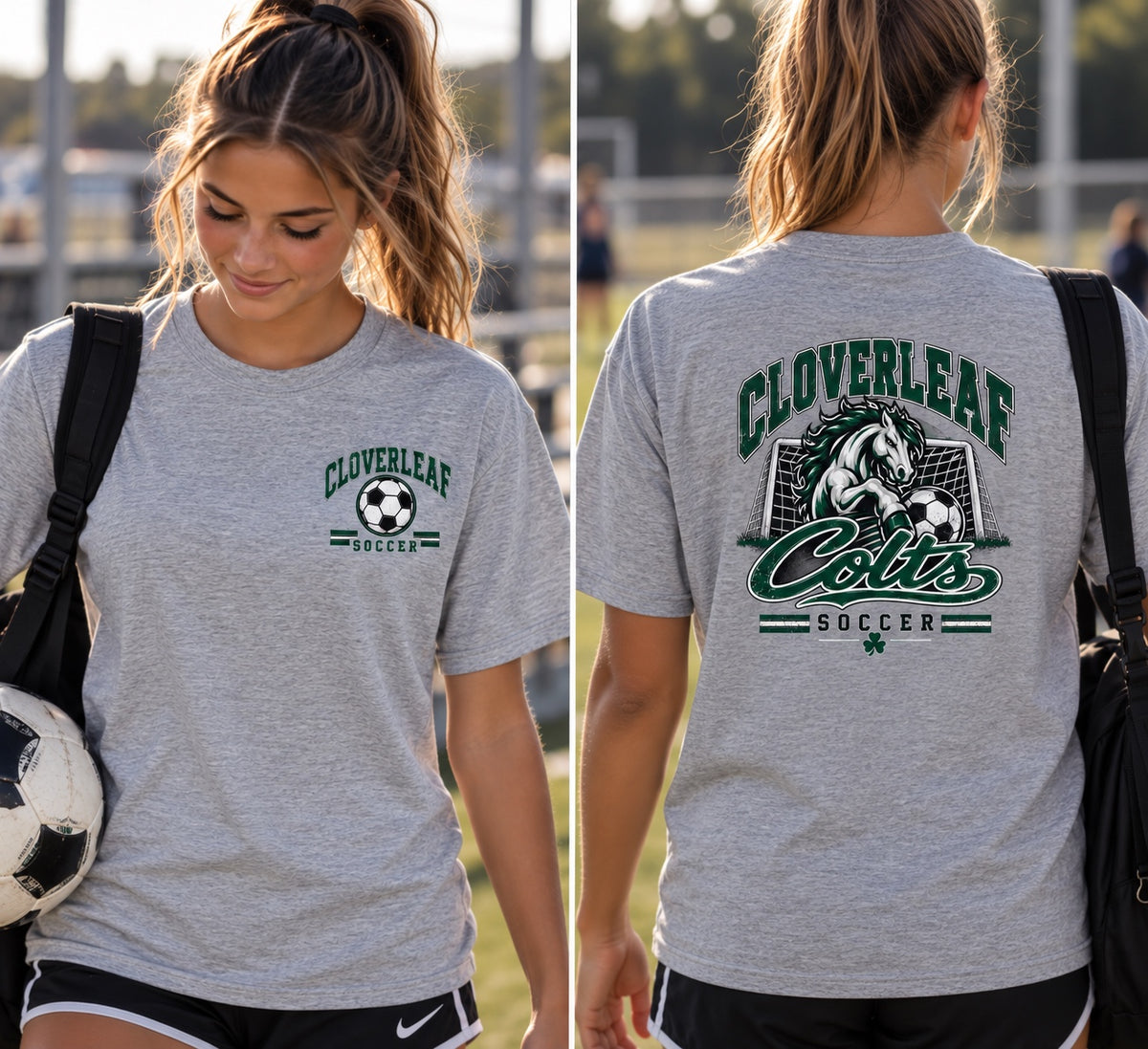 Cloverleaf Colts Soccer front chest and full back designs on a Heather Gray T-shirt