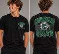 Cloverleaf Colts Volleyball Bump Set Spike on a black T-shirt, front chest logo and full back design