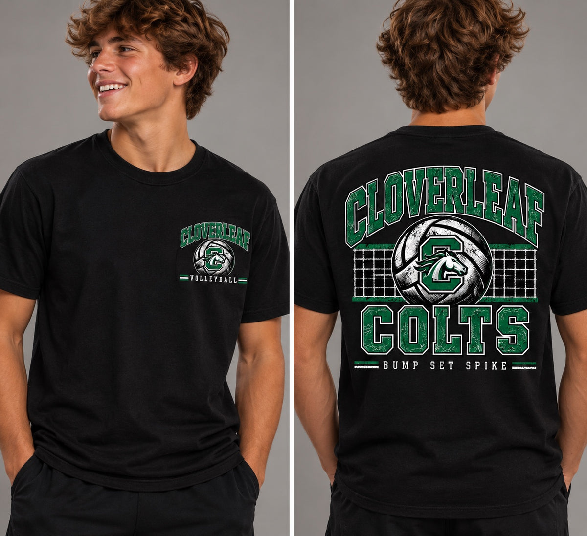 Cloverleaf Colts Volleyball Bump Set Spike on a black T-shirt, front chest logo and full back design