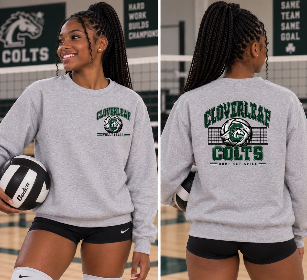 Cloverleaf Colts Volleyball Bump Set Spike on a gray crewneck sweatshirt, front chest logo and full back design