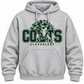 Cloverleaf Colts leaping mascot design on a heather gray hoodie