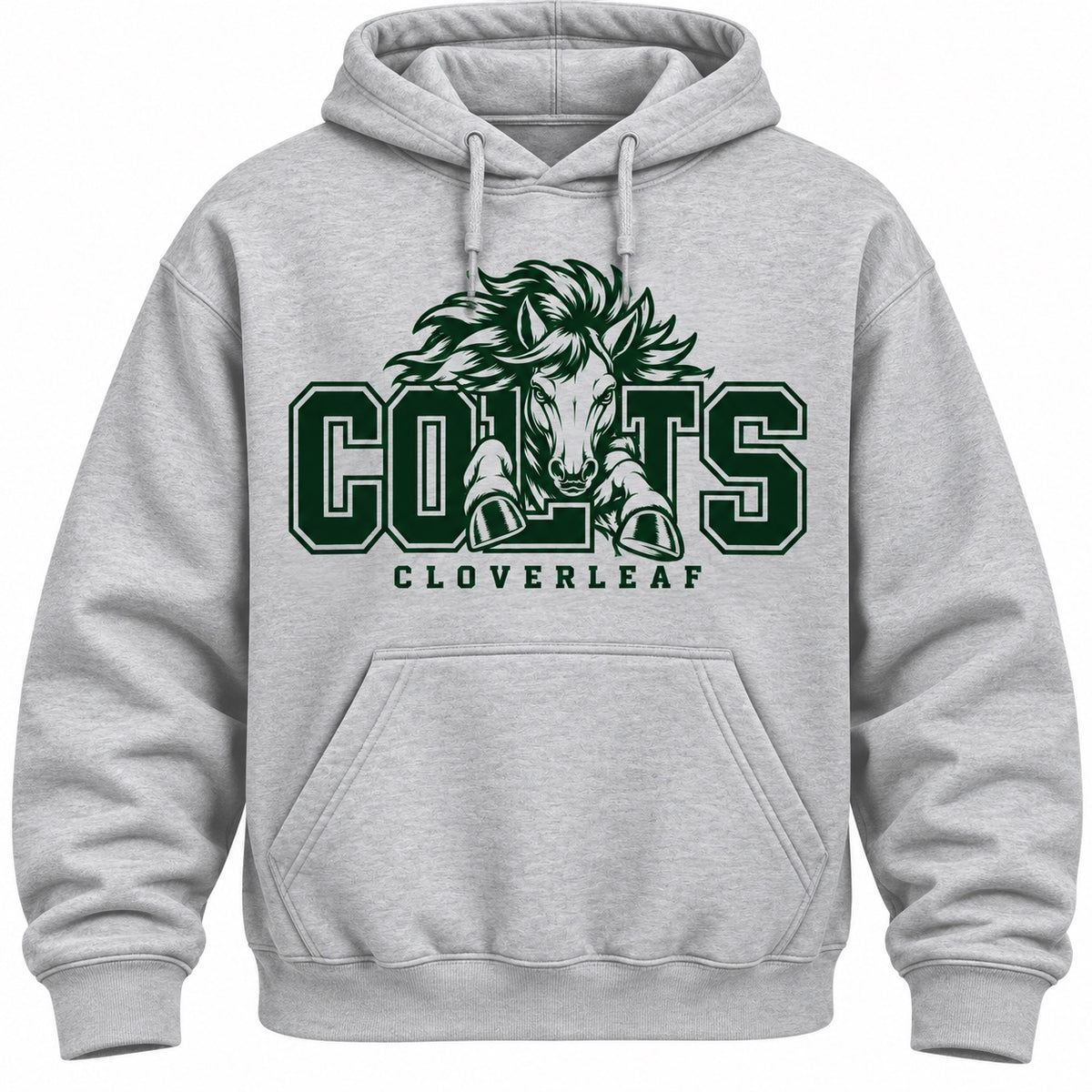 Cloverleaf Colts leaping mascot design on a heather gray hoodie