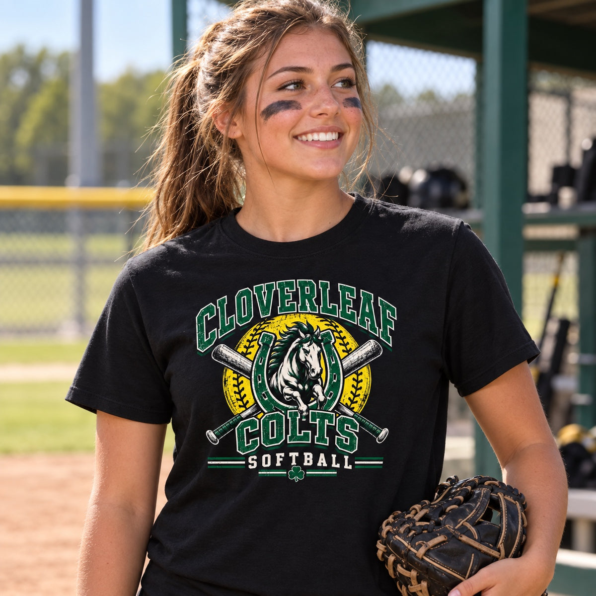 Cloverleaf Colts softball horseshoe design on a black T-shirt