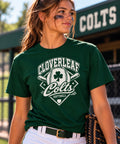 Cloverleaf Colts softball design on a dark green T-shirt