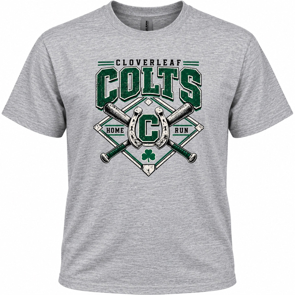 Cloverleaf Colts baseball Home Run design on a light heather gray T-shirt