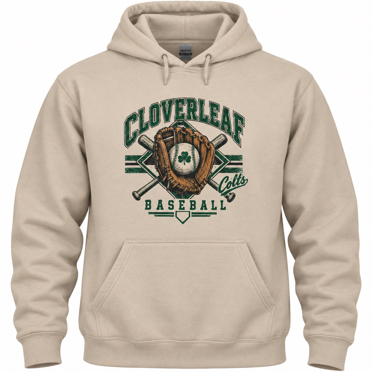 Cloverleaf Colts baseball design on a sand hoodie