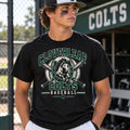 Cloverleaf Colts baseball horseshoe design on a black T-shirt