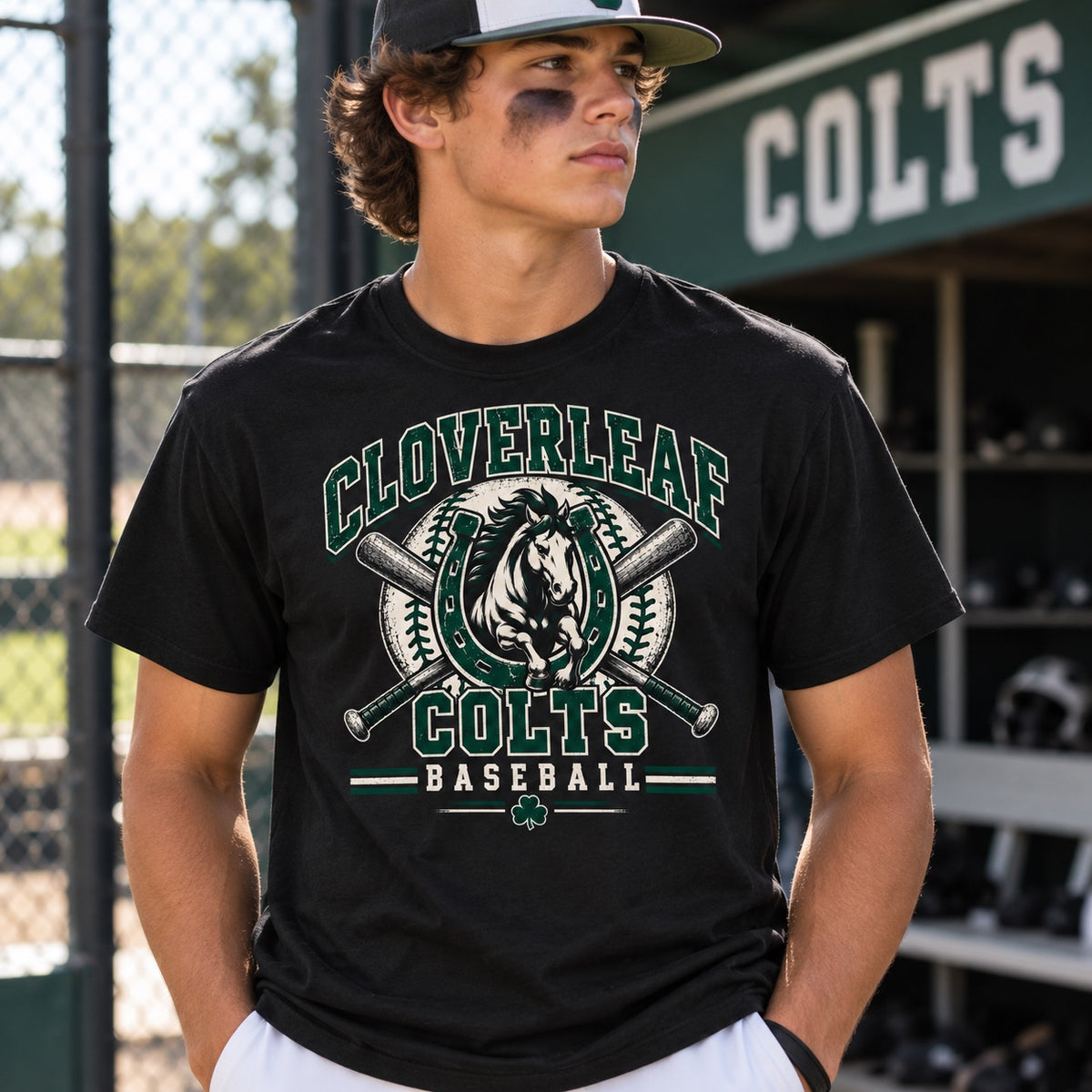 Cloverleaf Colts baseball horseshoe design on a black T-shirt