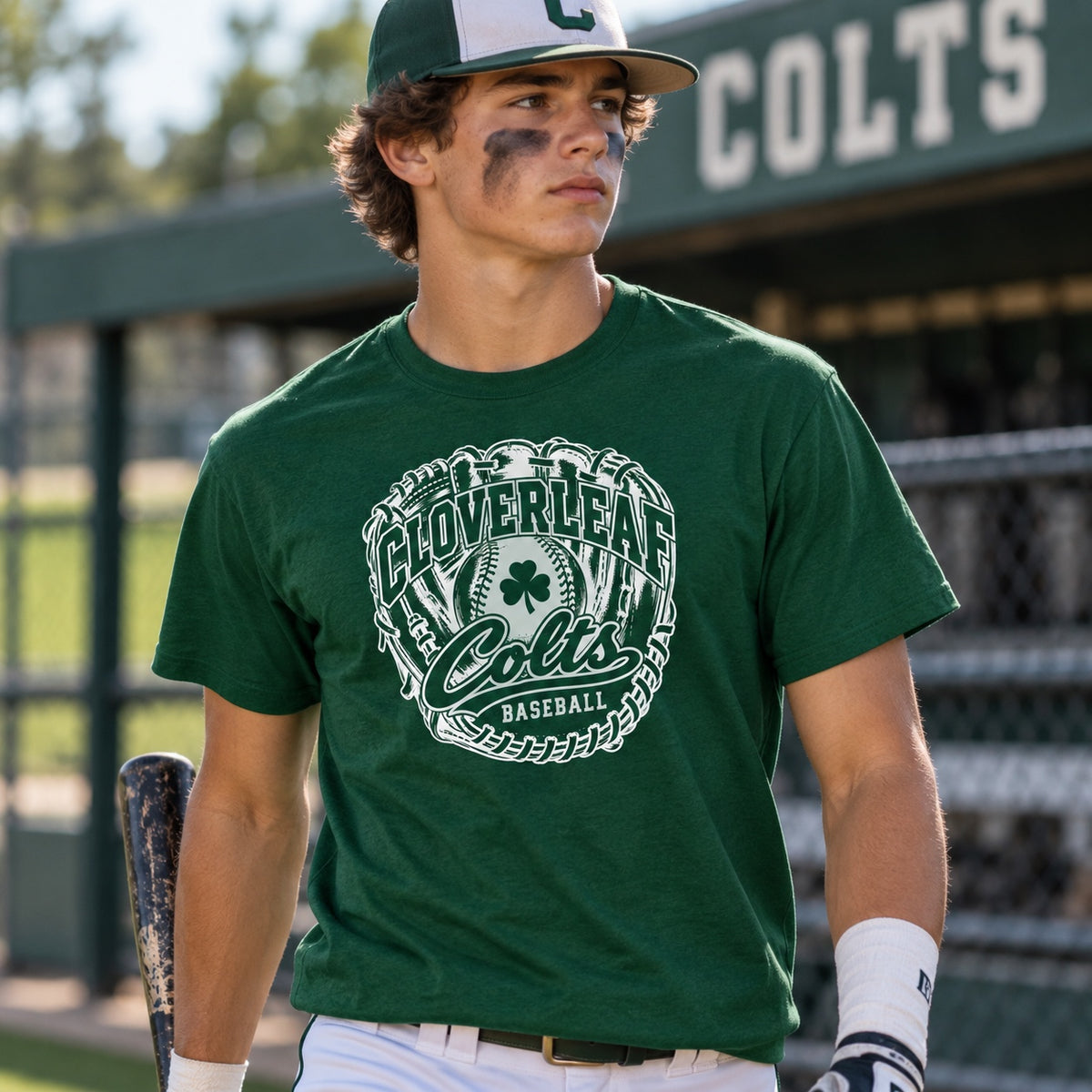 Cloverleaf Colts baseball mitt design on a dark green T-shirt