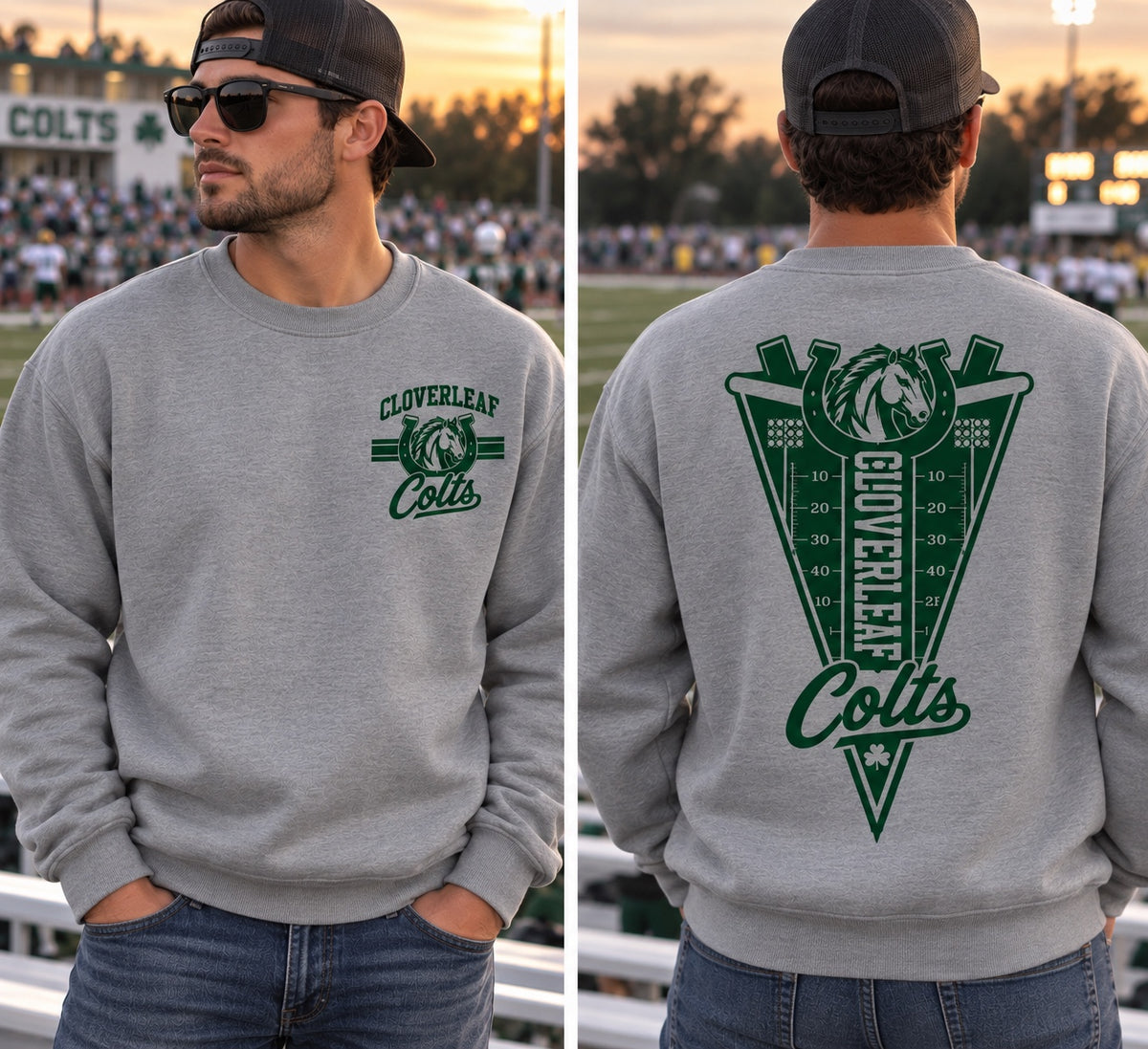 Cloverleaf Colts football design on a Graphite Heather Gray crewneck sweatshirt, front and back