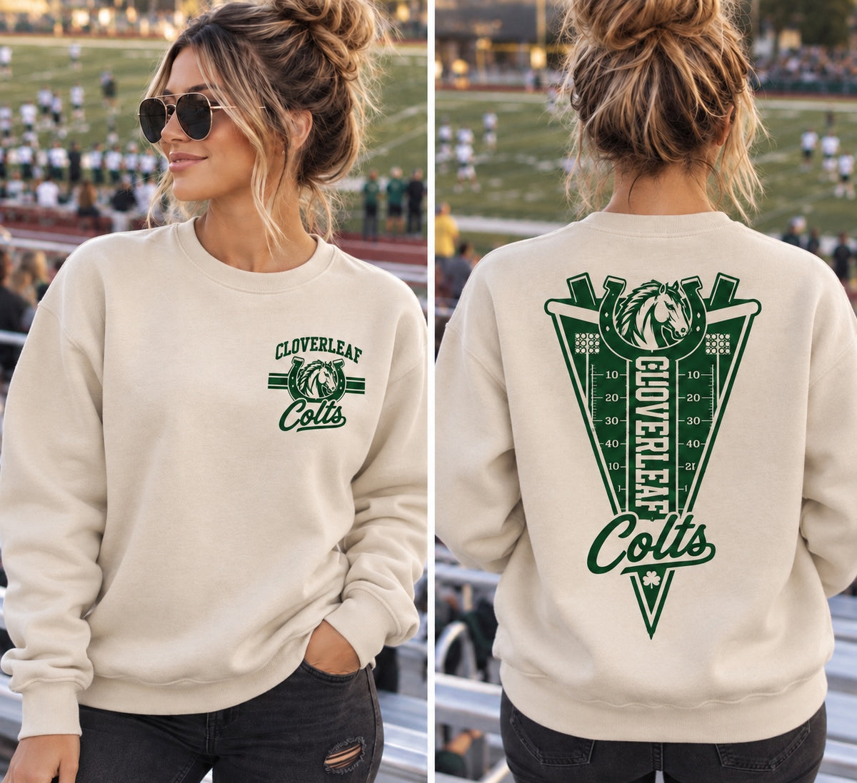 Cloverleaf Colts football design on a Sand crewneck sweatshirt, front and back