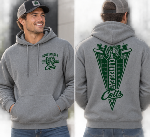 Cloverleaf Colts football design on a Graphite Heather Gray hoodie, front and back