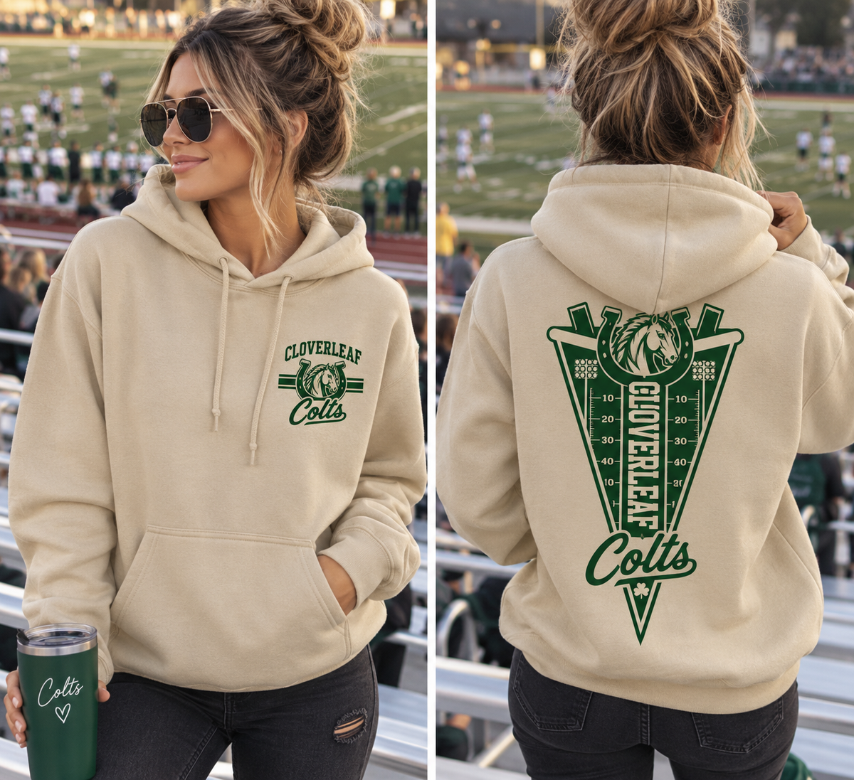 Cloverleaf Colts football design on a Sand hoodie, front and back