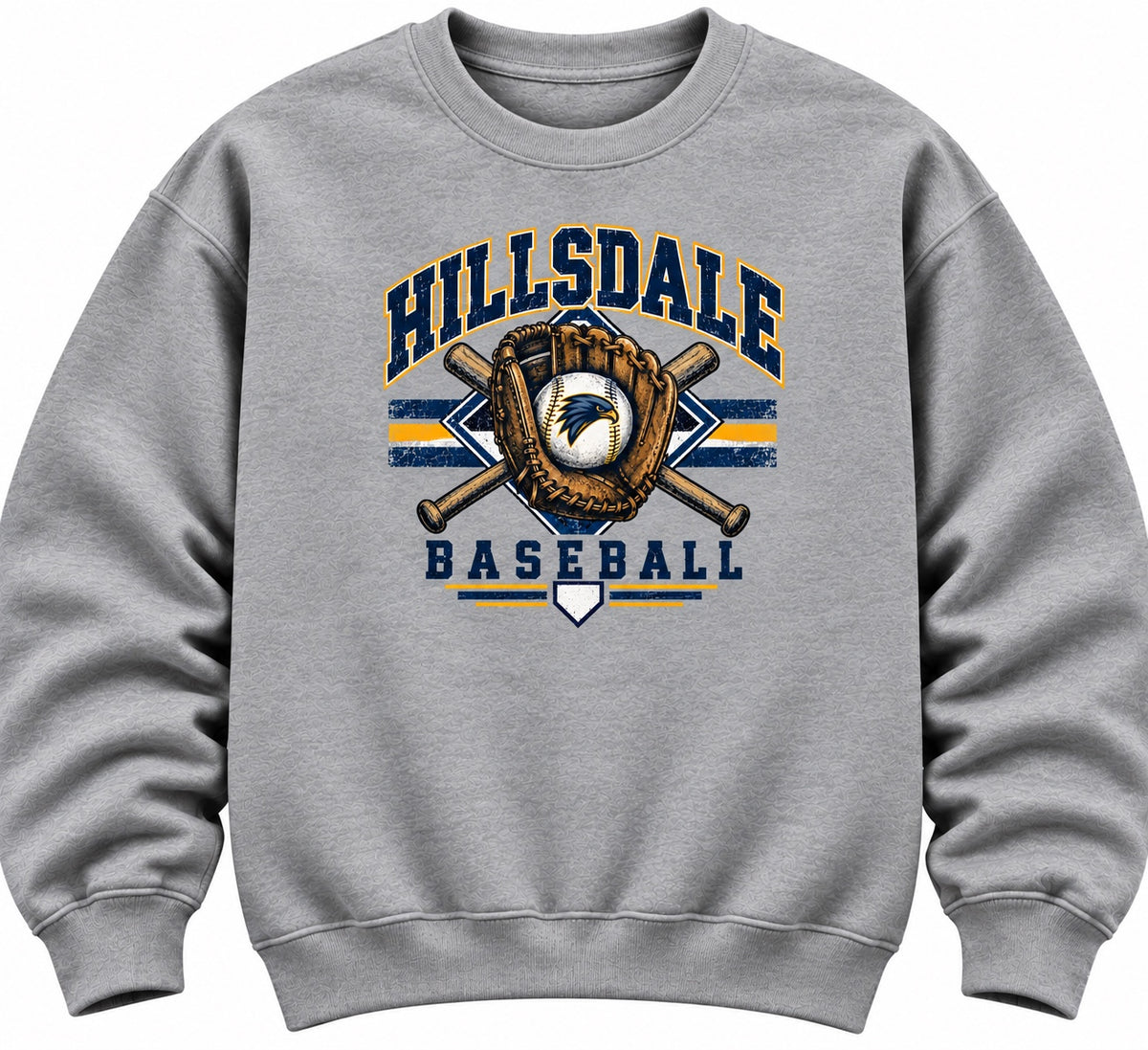 Hillsdale Falcons baseball design on a heather gray crewneck