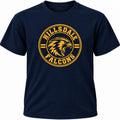 Hillsdale Falcons circle logo in gold on a navy T-shirt